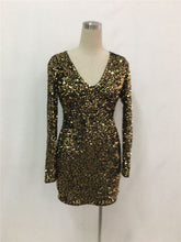 Load image into Gallery viewer, Long Sleeve Gold Sequin Dress Sexy V-Neck Sheath Beaded Sparkly Party Dresses Nightclub Christmas Vestidos