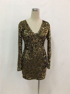 Long Sleeve Gold Sequin Dress Sexy V-Neck Sheath Beaded Sparkly Party Dresses Nightclub Christmas Vestidos