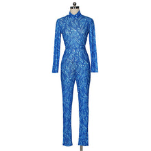 Load image into Gallery viewer, Sexy Blue Sheer Mesh Jumpsuit Rompers Women Autumn Winter Long Sleeve Turtleneck Print Skinny See-through Party Club Overalls