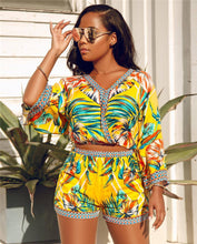 Load image into Gallery viewer, Bohemian Floral Print Beach Two Piece Set Women Summer Sexy Crop Top and Shorts Suit Casual Beach Wear Matching Set Outfit