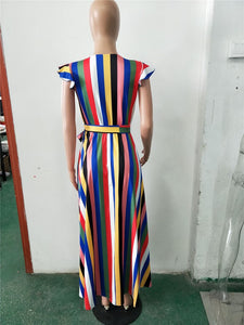 Casual Rainbow Striped Print Long Dresses Women Sleeveless V Neck Sashes Evening Party Dresses Summer Loose Beach Maxi Dress