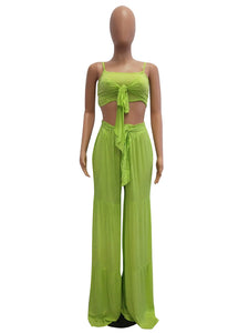 New Women Summer Two Piece Sets Sexy Bow Tie Crop Top and Loose Wide Leg Pants Suit Solid Casual Beach 2 Piece Outfits Clubwear