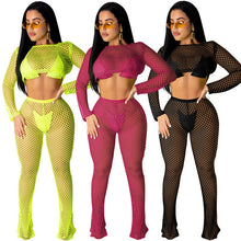 Load image into Gallery viewer, Sexy Club Two Piece Set Women Clothes Mesh Fishnet Hollow Out Crop Top and Pants See Through Summer Beach Matching Set Outfits