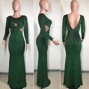 Elegant Sparkly Glitter Sexy Maxi Dresses Women Long Sleeve Criss Cross Hollow Out Backless Open Back Evening Party Dresses