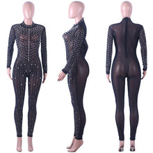 Load image into Gallery viewer, Pearls Beading Rhinestone Mesh Jumpsuit Women Sexy See-through Long Sleeve One Piece Bodysuit Party Birthday Overalls Outfits