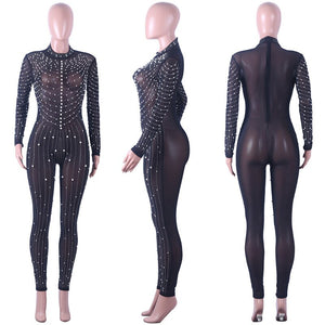 Pearls Beading Rhinestone Mesh Jumpsuit Women Sexy See-through Long Sleeve One Piece Bodysuit Party Birthday Overalls Outfits