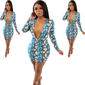 Women Spring Deep V Neck Sexy Mini Dress Long Sleeve Bodycon Dress Clubwear Zipper Front Snake Print Elegant Runway Party Dress