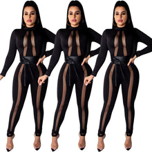 Load image into Gallery viewer, Sexy Bodycon Jumpsuits for Women Clothes Club Jumpsuits Black Transparent Mesh Patchwork Sashes Long Pants Romper Overalls