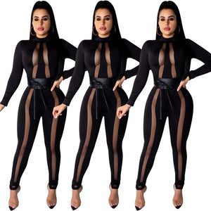 Sexy Bodycon Jumpsuits for Women Clothes Club Jumpsuits Black Transparent Mesh Patchwork Sashes Long Pants Romper Overalls