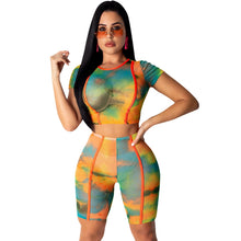 Load image into Gallery viewer, Tie Dye Print 2 Piece Outfits for Women Two Piece Set Crop Top and Shorts Set Sheer Mesh Sexy Club 2 Piece Summer Set Tracksuit