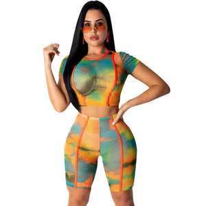 Tie Dye Print 2 Piece Outfits for Women Two Piece Set Crop Top and Shorts Set Sheer Mesh Sexy Club 2 Piece Summer Set Tracksuit