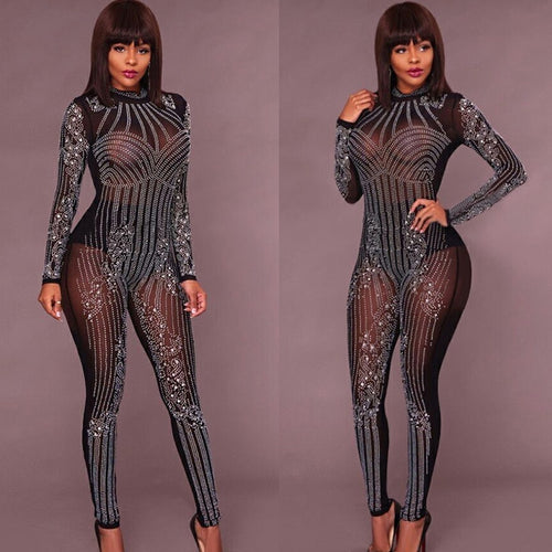 Sexy Bodycon Long Sleeve Sheer Jumpsuits Fashion Mesh Geometric Rhinestone See-Through Romper Sparkly Overalls Combinaison Femme