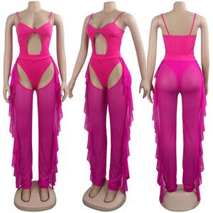 Sexy Two Piece Set Women Summer Beach Club Outfits Sheer Mesh Bodysuit Top Ruffle Pants Set Swimwear Party Matching 2 Piece Set