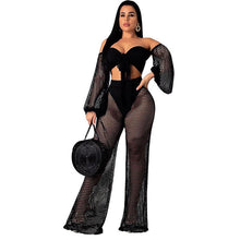 Load image into Gallery viewer, Sexy Fishnet Beach Two Piece Sets Women Mesh Hollow Out Strapless Bow Tie Crop Top and Wide Leg Pant Suits Matching Sets Outfits