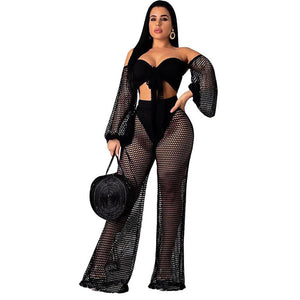 Sexy Fishnet Beach Two Piece Sets Women Mesh Hollow Out Strapless Bow Tie Crop Top and Wide Leg Pant Suits Matching Sets Outfits