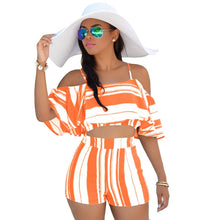 Load image into Gallery viewer, Sexy Summer Two Piece Set Women Striped Print Off Shoulder Crop Top and Shorts Suits Ruffles Bohemian Beachwear Casual Outfits