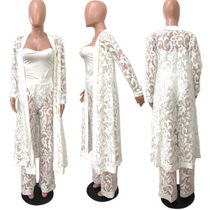 Lace 3 Piece Set Women Long Cardigan + Crop Top + White Lace Pants Set Three Piece Outfits Women Set