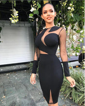 Load image into Gallery viewer, Sexy Mesh Patchwork Sheer Black Bodycon Dress Women O-neck Long Sleeve Elegant Birthday Nightclub Short Party Dresses Vestidos