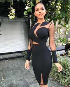 Sexy Mesh Patchwork Sheer Black Bodycon Dress Women O-neck Long Sleeve Elegant Birthday Nightclub Short Party Dresses Vestidos