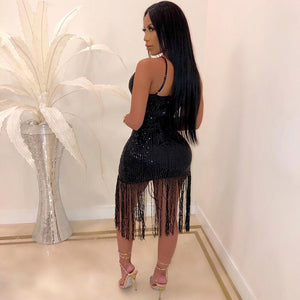 Sexy Sequin Mini Dress Women Deep V Neck Strap Side Split Bling Fringe Tassel Dress Elegant Bodycon Party Club Dress