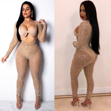 Load image into Gallery viewer, Sheer Mesh Sexy Black Rhinestone Jumpsuit Women Long Sleeve Open Front Skinny Full Bodysuits Pants Romper Club Party Jumpsuits