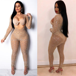 Sheer Mesh Sexy Black Rhinestone Jumpsuit Women Long Sleeve Open Front Skinny Full Bodysuits Pants Romper Club Party Jumpsuits