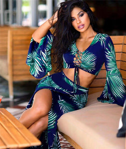 Summer 2 Piece Dress Set Women Leaf Print Two Piece Crop Top and Long Skirt Set Boho Style Chic Beach Set Holiday Outfits