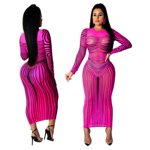 Sexy Bodycon Summer Dress Women Long Sleeve Print Elegant Sheer Mesh Bandage Dress Celebrity Night Club Party Bodycon Dresses