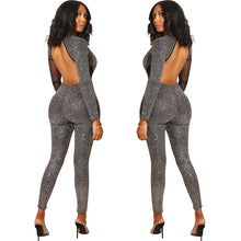 Load image into Gallery viewer, Deep V Neck Glitter Jumpsuit for Women Autumn Winter Mesh Patchwork Long Sleeve Open Back Bodycon Sparkly Romper Party Jumpsuits