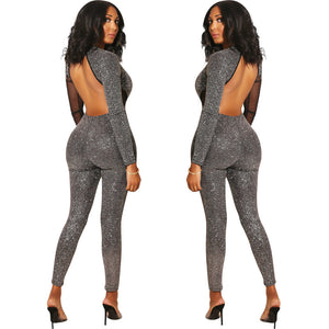 Deep V Neck Glitter Jumpsuit for Women Autumn Winter Mesh Patchwork Long Sleeve Open Back Bodycon Sparkly Romper Party Jumpsuits