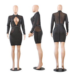 Rhinestone Sexy Bodycon Dress Women Turtleneck Long Sleeve Hollow Out Club Dress Elegant Black Sheer Mesh Sparkly Party Dresses