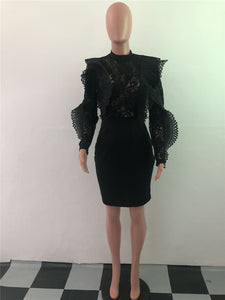 Women Long Sleeve Black Lace Dress Sexy Hollow Out Sheer Elegant Christmas Bodycon Dress Luxury Club Short Party Dresses Robe