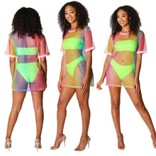 Load image into Gallery viewer, Summer Beach Wear 3 Piece Sets Women Strapless Crop Tops + Shorts + Long T-shirt Dress Sexy See Through Vacation Club Outfits