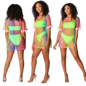 Summer Beach Wear 3 Piece Sets Women Strapless Crop Tops + Shorts + Long T-shirt Dress Sexy See Through Vacation Club Outfits