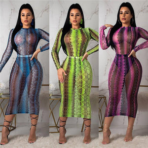 Party Club Dress Summer Sexy Sheer Bandage Bodycon Dress Long Sleeve Neon Green Snake Print Transparent Mesh Dress