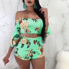 Load image into Gallery viewer, Summer Two Piece Shorts and Top Women Sexy Off the Shoulder Flare Sleeve Crop Tops + Shorts Floral Print Beach Wear Shorts Suit