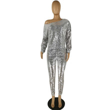 Load image into Gallery viewer, Sexy Silver Sequin Two Piece Sets Women Glitter Crop Top and Skinny Pants 2 Piece Sets Club Party Sparkly Matching Sets Outfits