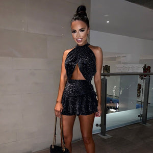 Sexy Club Two Piece Set Women Summer Skirt Sets Glitter Sleeveless Crop Top Short Skirt Set Festival Party 2 Piece Set Outfits