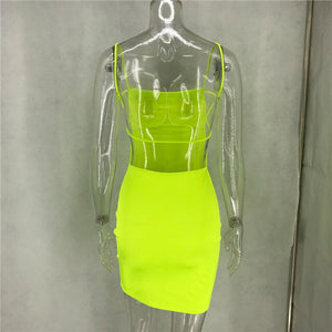 Women Sleeveless Sexy Summer Mini Dress Bandage Backless Bodycon Dress Neon Green Elegant Night Club Party Short Mini Dresses