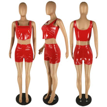 Load image into Gallery viewer, Sexy PU Leather Club Wear 2 Piece Sets for Women Summer Sleeveless Solid Tank Crop Top and Shorts Set Workout Two Pieces Outfits