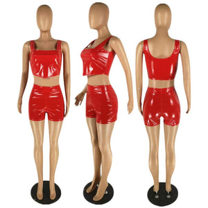 Sexy PU Leather Club Wear 2 Piece Sets for Women Summer Sleeveless Solid Tank Crop Top and Shorts Set Workout Two Pieces Outfits