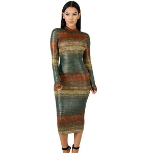 Elegant Turtleneck Long Sleeve Bodycon Midi Dress Gradient Night Club Party Sexy Bandage Dress