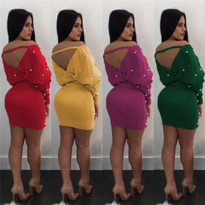 Sexy Off Shoulder Knitting Sweater Dress Women Elegant Pearls Sashes Short Wrap Dress Casual Long Sleeve Autumn Winter Dresses