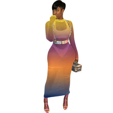 Load image into Gallery viewer, Rainbow Print Bodycon Maxi Dress Women O-neck Mesh See Through Long Sleeve Ankle-length Long Dress Sexy Party Night Club Dresses