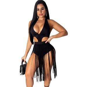 Boho Sleeveless V Neck Fringe Tassel Dress Party Club Hollow Out Black Sexy Bodycon Dress