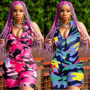 Camouflage Print Summer Jumpsuit Women Sexy Bodycon Romper Shorts Overalls Sleeveless Front Zipper Playsuit Party Club Jumpsuit