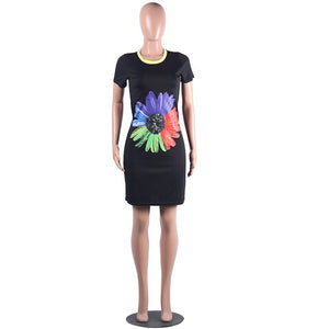 Short T Shirt Dress Women Casual Dress Short Sleeve Floral Print O-Neck Black Bodycon Mini T-Shirt Dress Streetwear