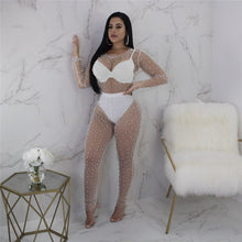 Load image into Gallery viewer, Sexy Black Sheer Jumpsuit Mesh Romper Women Long Sleeve See Through Pearl Beading Nightclub Party Bodycon Jumpsuits Overalls XL