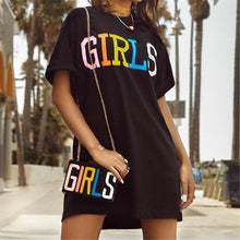 Load image into Gallery viewer, Fashion Black T Shirt Dress Women Summer Girls Letter Print O Neck Short Sleeve Mini Day Dresses Loose Short Casual Dresses