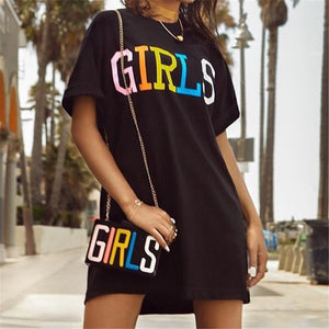 Fashion Black T Shirt Dress Women Summer Girls Letter Print O Neck Short Sleeve Mini Day Dresses Loose Short Casual Dresses